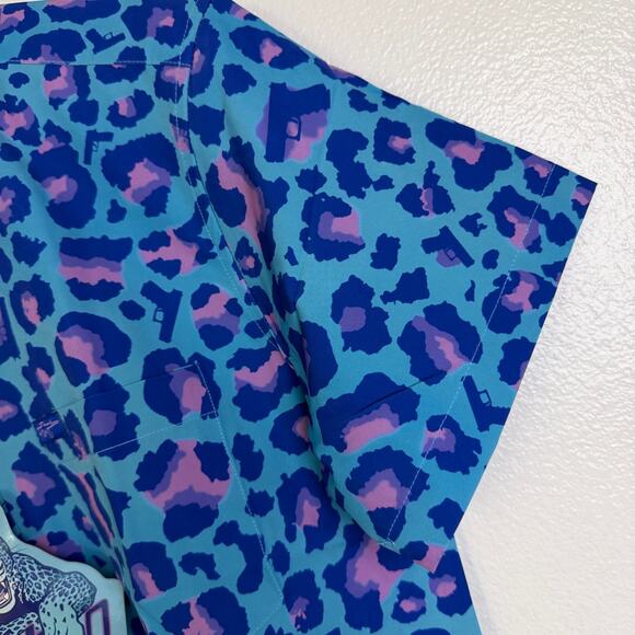 Retro Rifle Shirt Mens Medium Blue Leopard Short Sleeve Button Up Stretch NWT - Picture 5 of 14